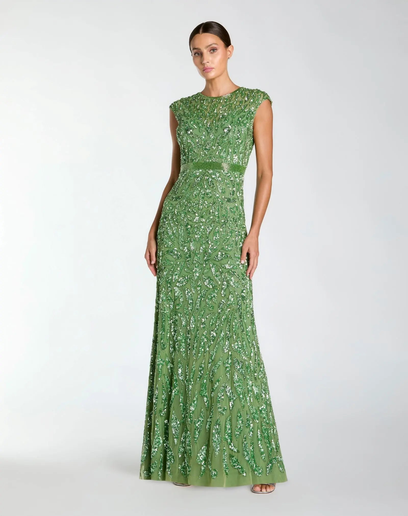 Image of Green Embellished High Neck Cap Sleeve Gown