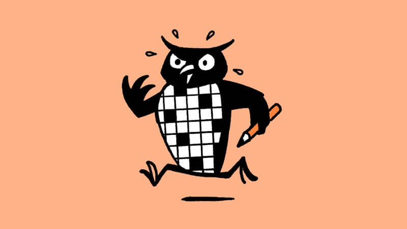 An owl with a crossword on its belly runs holding a pencil on an orange background.