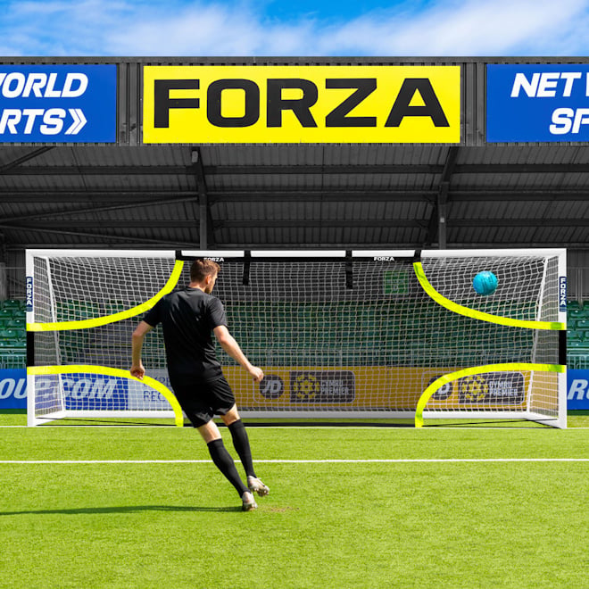 Player shooting into top corner of a goal, featuring the FORZA Pro Goal Target Sheets.
