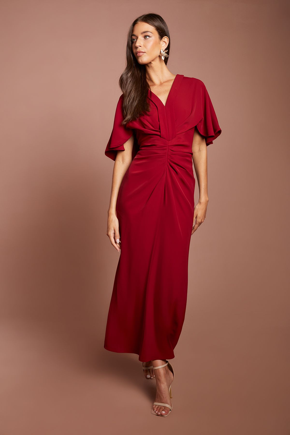 V Neck Short Sleeve Ruched Midi Dress