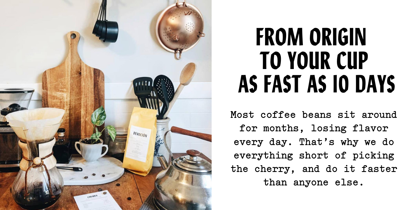 From origin to your cup as fast as 10 days - Most coffee beans sit around for month, losing flavor every day. That's why we do everything short of picking the cherry, and do it faster than anyone else. 