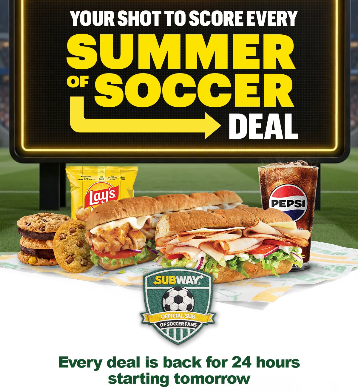 A soccer-themed promotional email for Sub Club exclusive offers. Large headline text reading, “Starting tomorrow. Your shot to score every Summer of Soccer Deal”. Below is copy announcing that every deal is back for only 24 hours tomorrow but there are current deals available to them right now. Mix and match $7.99 two 6-inch subs and two Footlongs for $16.99. The second to bottom section reads “Soccer is on. Time for a sub”. With a sign off promoting Subway Catering with same-day delivery or pick up available to feed your watch party crowd. Two call-to-action buttons read “Order for gametime” and “Feed my crowd”.