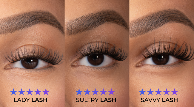 Model eye wearing three different lash cluster styles