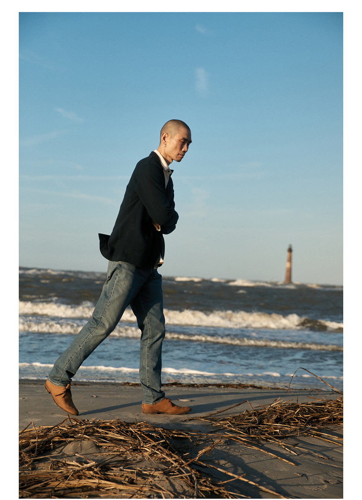 Model wears the Adler Jean on Charleston's beach