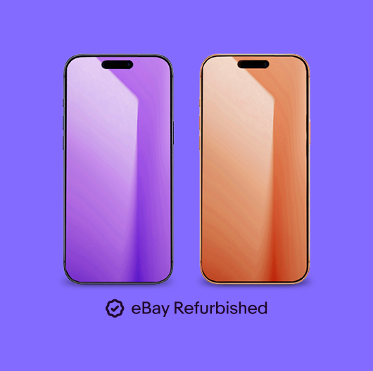 Two iPhones, one with a purple gradient and one with an orange gradient, sit above the eBay Refurbished logo against a purple background.