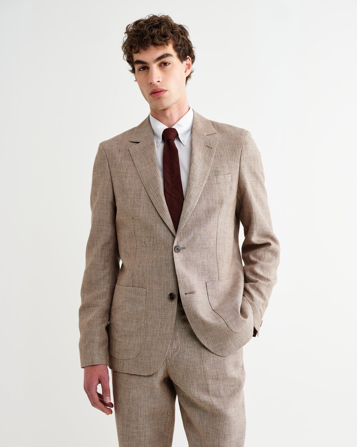 Fintry - Natural And Brown Stripe Linen Single-Breasted Blazer
