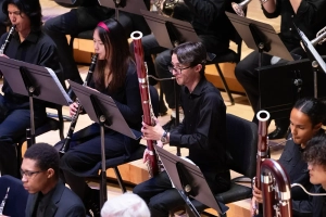 orchestra members perform