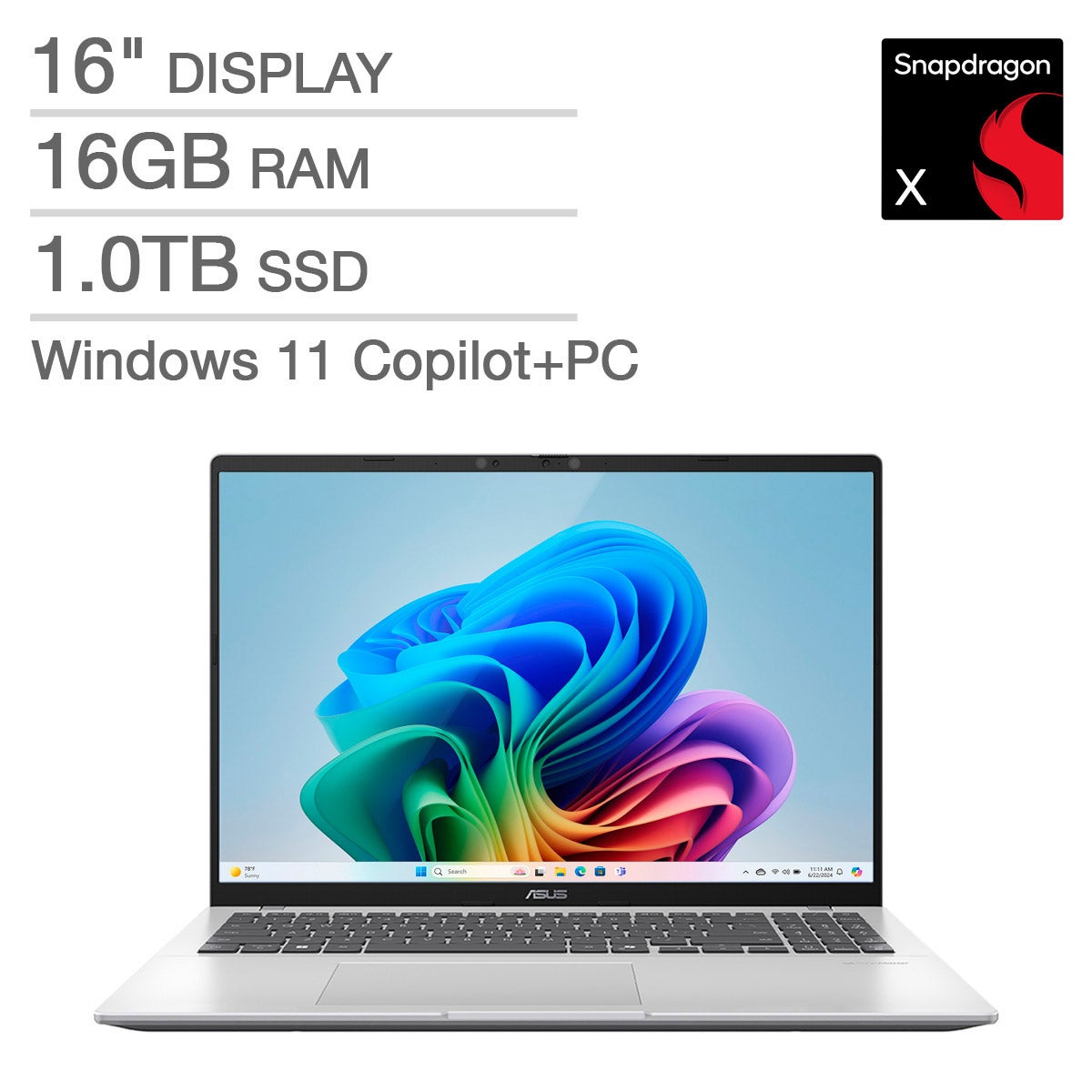 ASUS Vivobook 16-inch Copilot+ PC Laptop with Snapdragon X 8-Core Processor