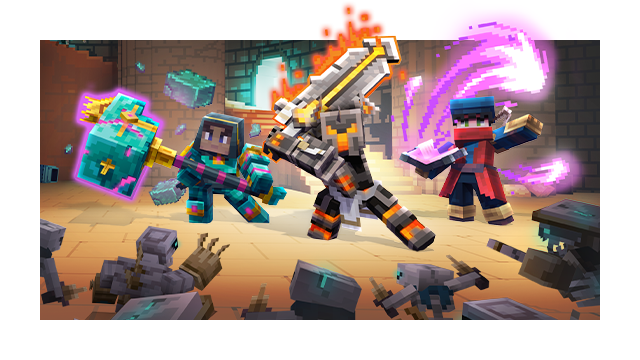 Art for Minecraft depicting a party of heroes battling hostile mobs in a SoulSteel dungeon.