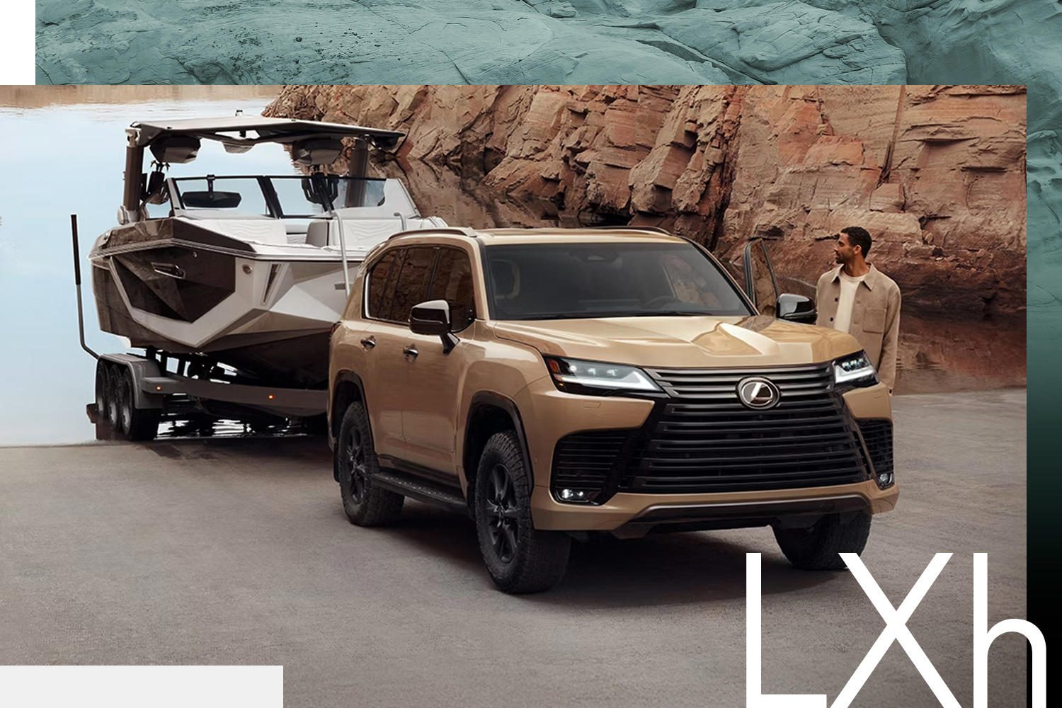 A man stands next to a parked LX 700h Overtrail towing a boat on a trailer by a lake. Build your LX Hybrid.