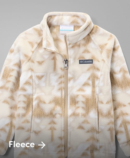 Flatlay of a white and tan fleece jacket with text: Fleece