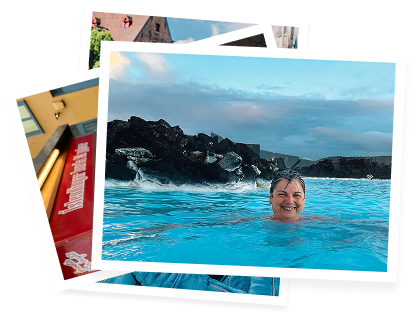 Polaroid-style collage of solo travel moments; link opens our solo traveler community on Facebook