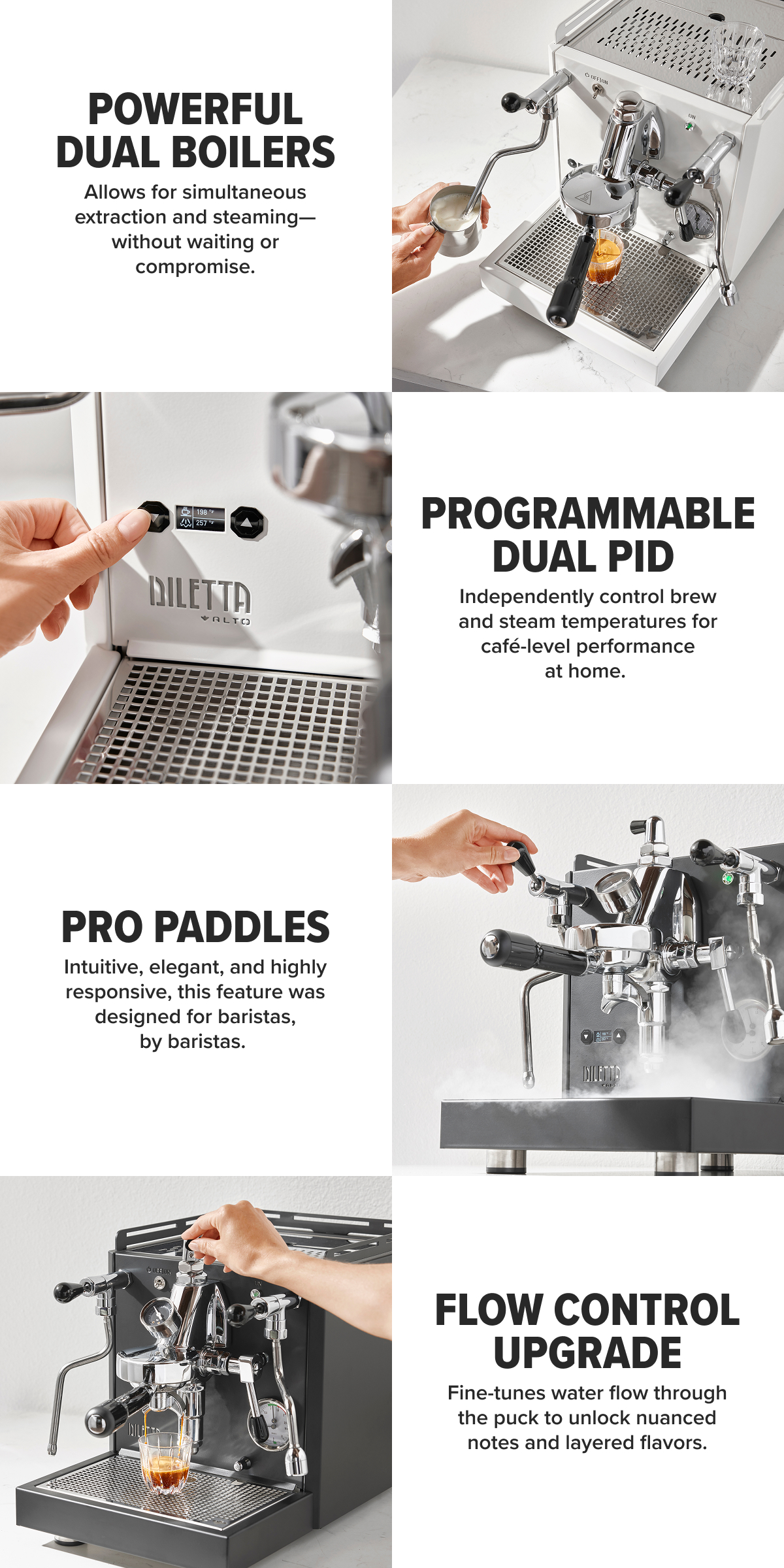 Powerful Dual Boilers Allows for simultaneous extraction and steaming—without waiting or compromise.  Programmable Dual PID&nbsp; Independently control brew and steam temperatures for café-level performance at home.&nbsp; $999 Pro Paddles Intuitive, elegant, and highly responsive, this feature was designed for baristas, by baristas.&nbsp; $999 Flow Control Upgrade Fine-tunes water flow through the puck to unlock nuanced notes and layered flavors. SHOP NW →
