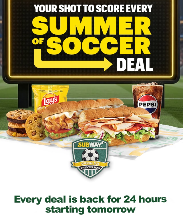 A soccer-themed promotional email for Sub Club exclusive offers. Large headline text reading, “Starting tomorrow. Your shot to score every Summer of Soccer Deal”. Below is copy announcing that every deal is back for only 24 hours tomorrow but there are current deals available to them right now. Mix and match $7.99 two 6-inch subs and two Footlongs for $16.99. The second to bottom section reads “Soccer is on. Time for a sub”. With a sign off promoting Subway Catering with same-day delivery or pick up available to feed your watch party crowd. Two call-to-action buttons read “Order for gametime” and “Feed my crowd”.