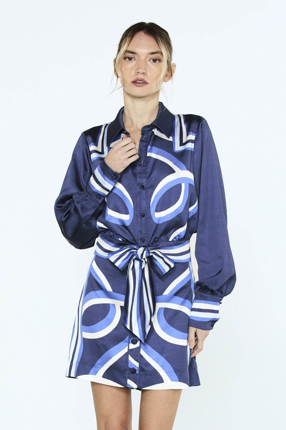Image of Gara Abstract Print Tie	Front Long Sleeve Top