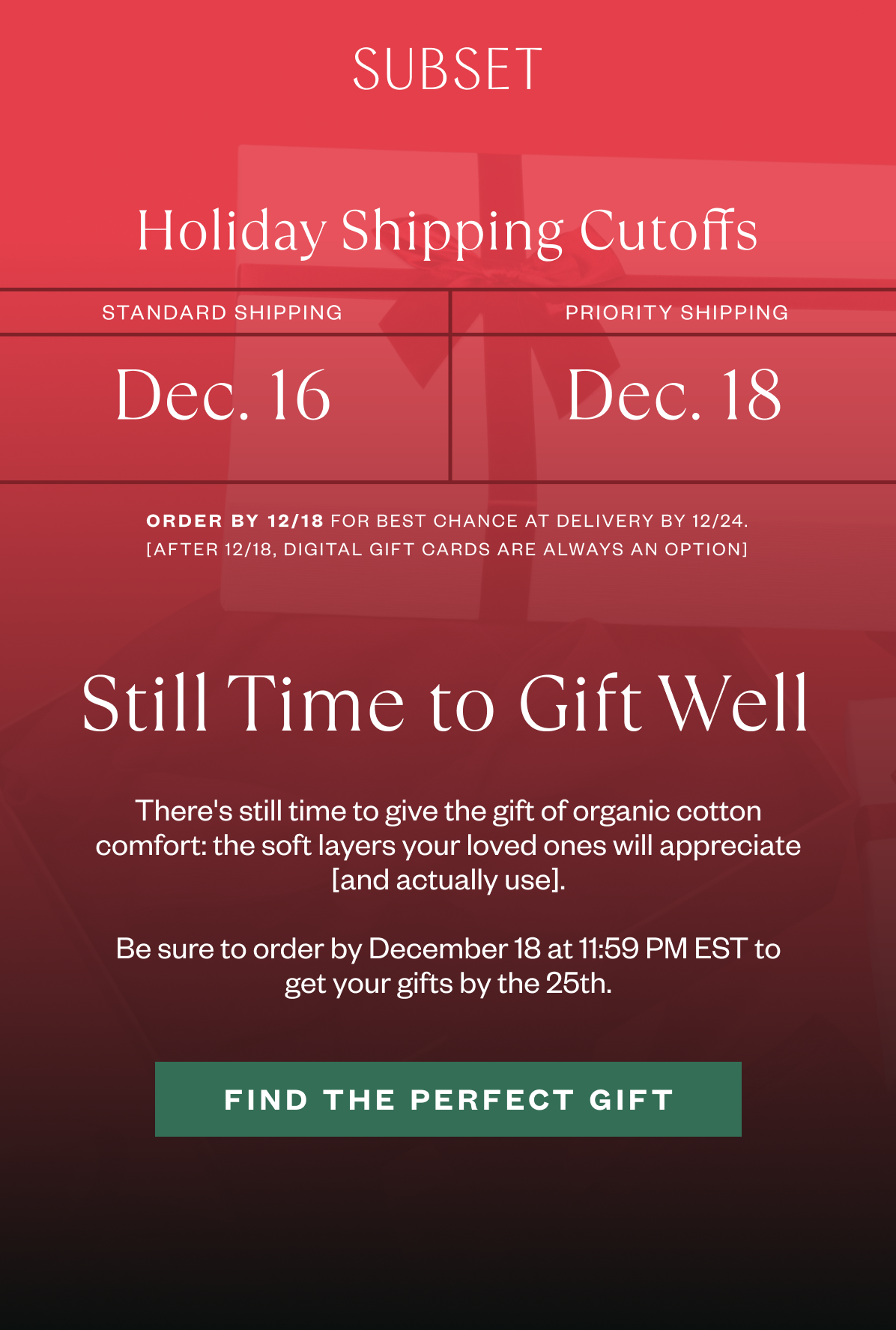 Holiday shipping cutoffs graphic showing standard shipping by December 16 and priority shipping by December 18.