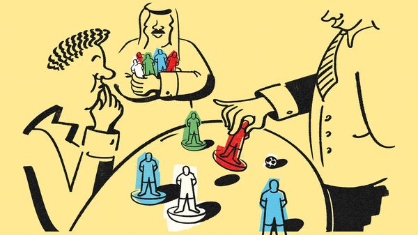 Illustration of three official looking men of different nationalities playing Subbuteo