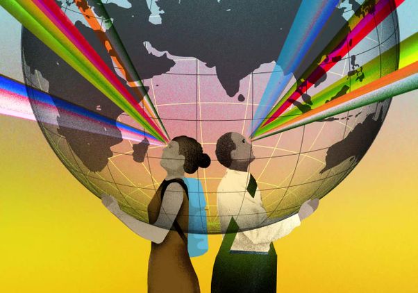 Illustration of two people standing back-to-back beneath a globe, with rainbow-colored beams projecting from their eyes across a world map, symbolizing global perspectives, communication or information exchange.