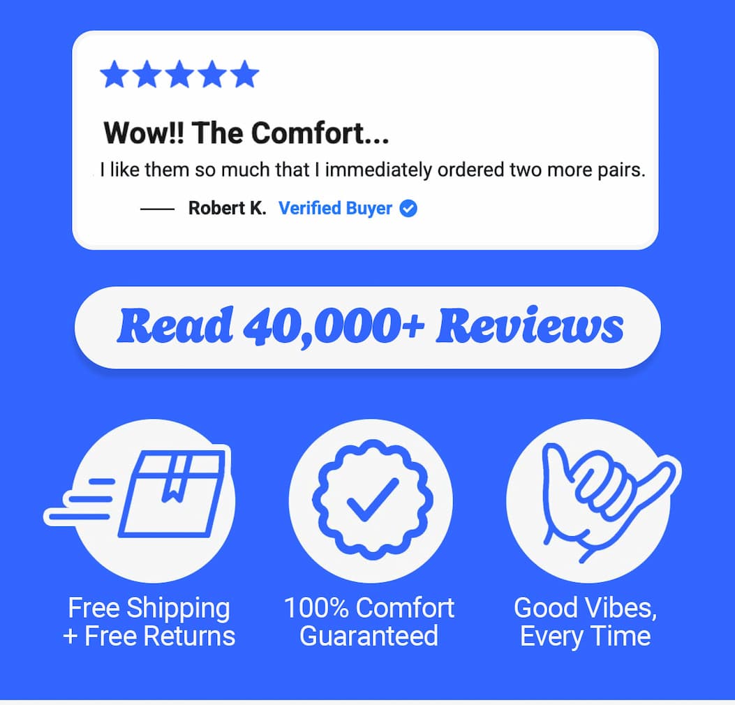 "Wow!! The comfort...I like them so much I immediately ordered two more pairs" - Robert K. Verified buyer. Read 40,000+ reviews. Free shipping and free returns, comfort guaranteed, good vibes every time. Mugsy