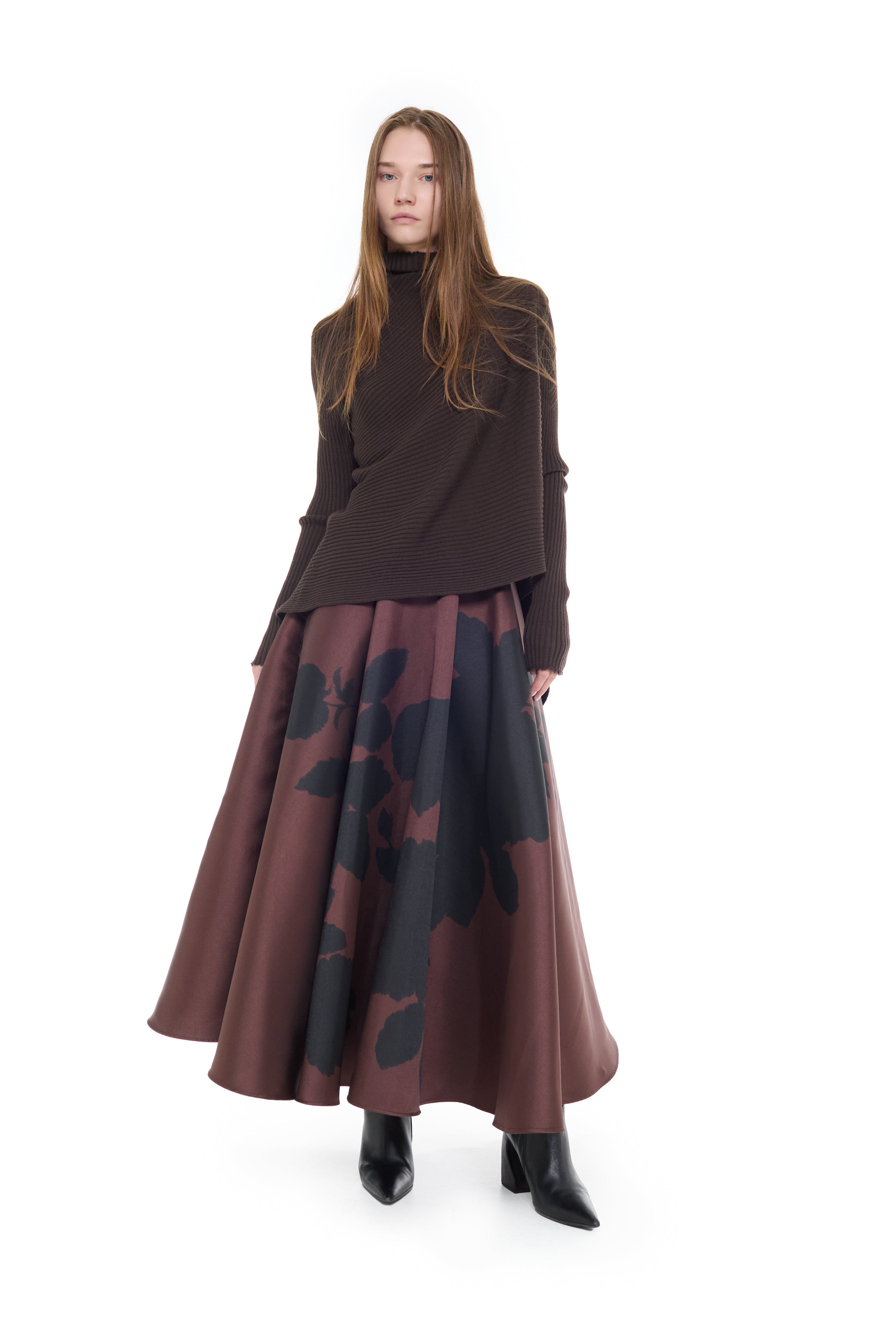 BROWN PRINTED MIDI SKIRT