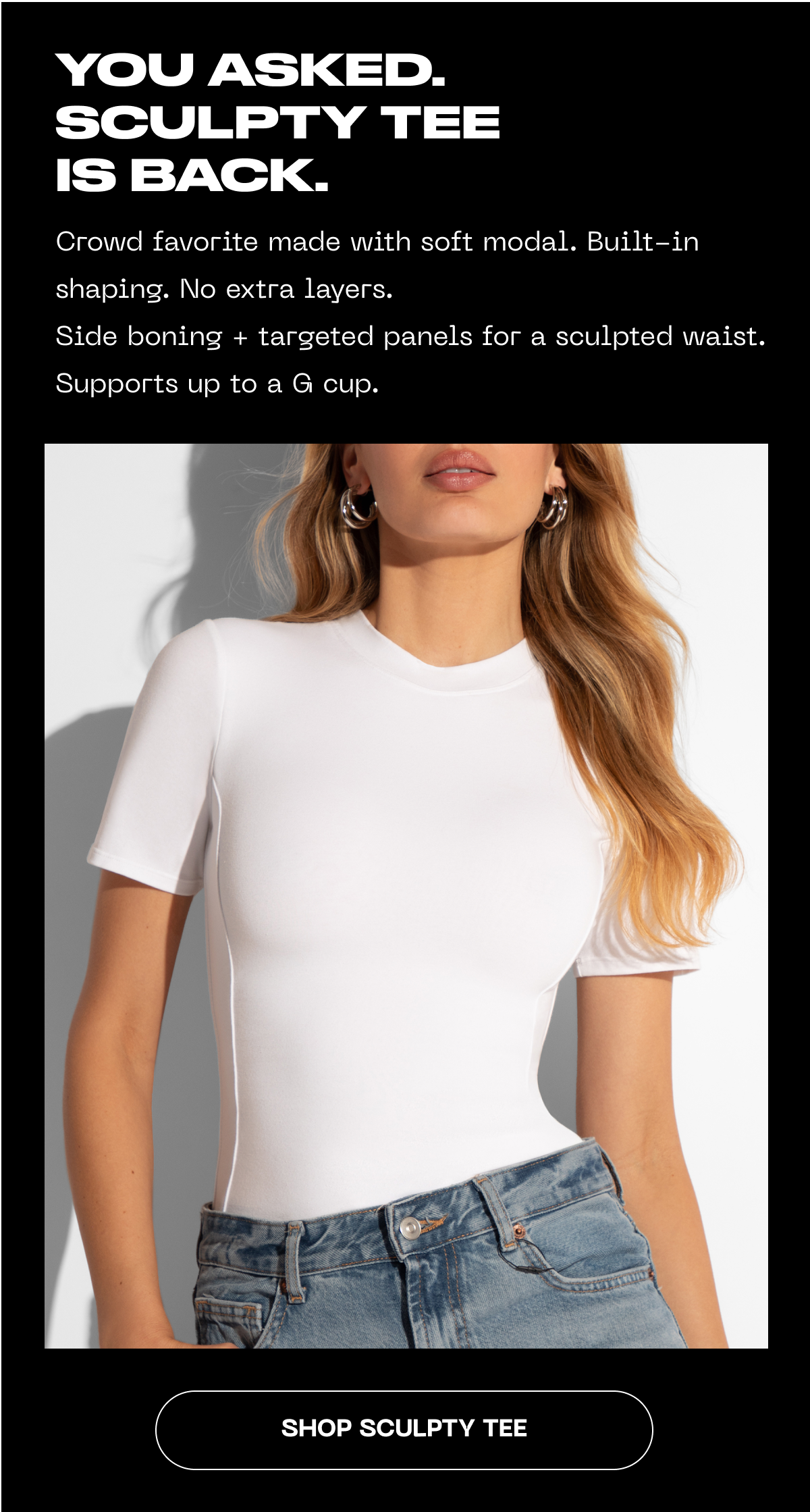 White sculpty tee with soft fabric and sculpted waist support.