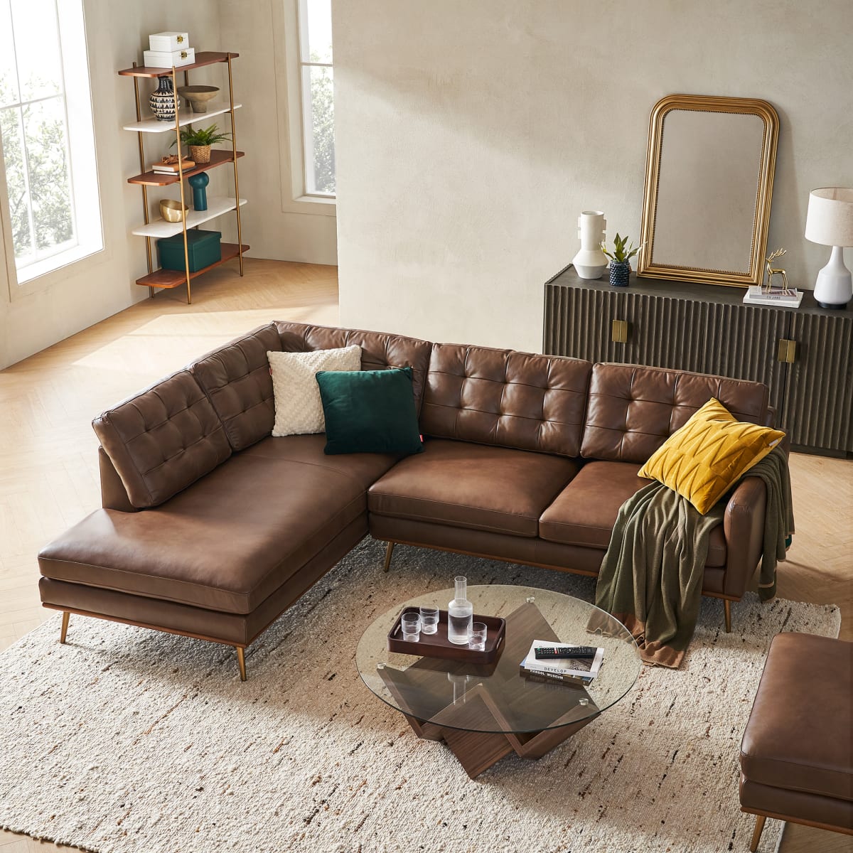Image of Isaac Leather Terminal Chaise Sectional Sofa Left Facing, Cognac