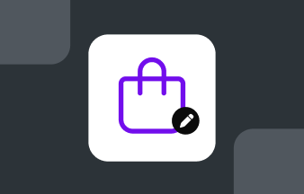 An icon showing a purple outline of a shopping bag with a small black circle containing a white pencil, representing an "Edit Store" feature.