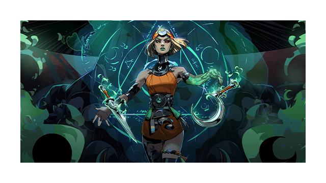 Key art for Hades II featuring Melinoe wielding twin scythe blades in front of magical symbols.