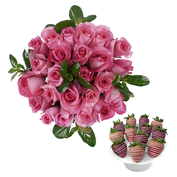 Mother's Day Belgian Chocolate Covered Strawberries and Pink Roses Bundle, 12 Strawberries, 24 Roses