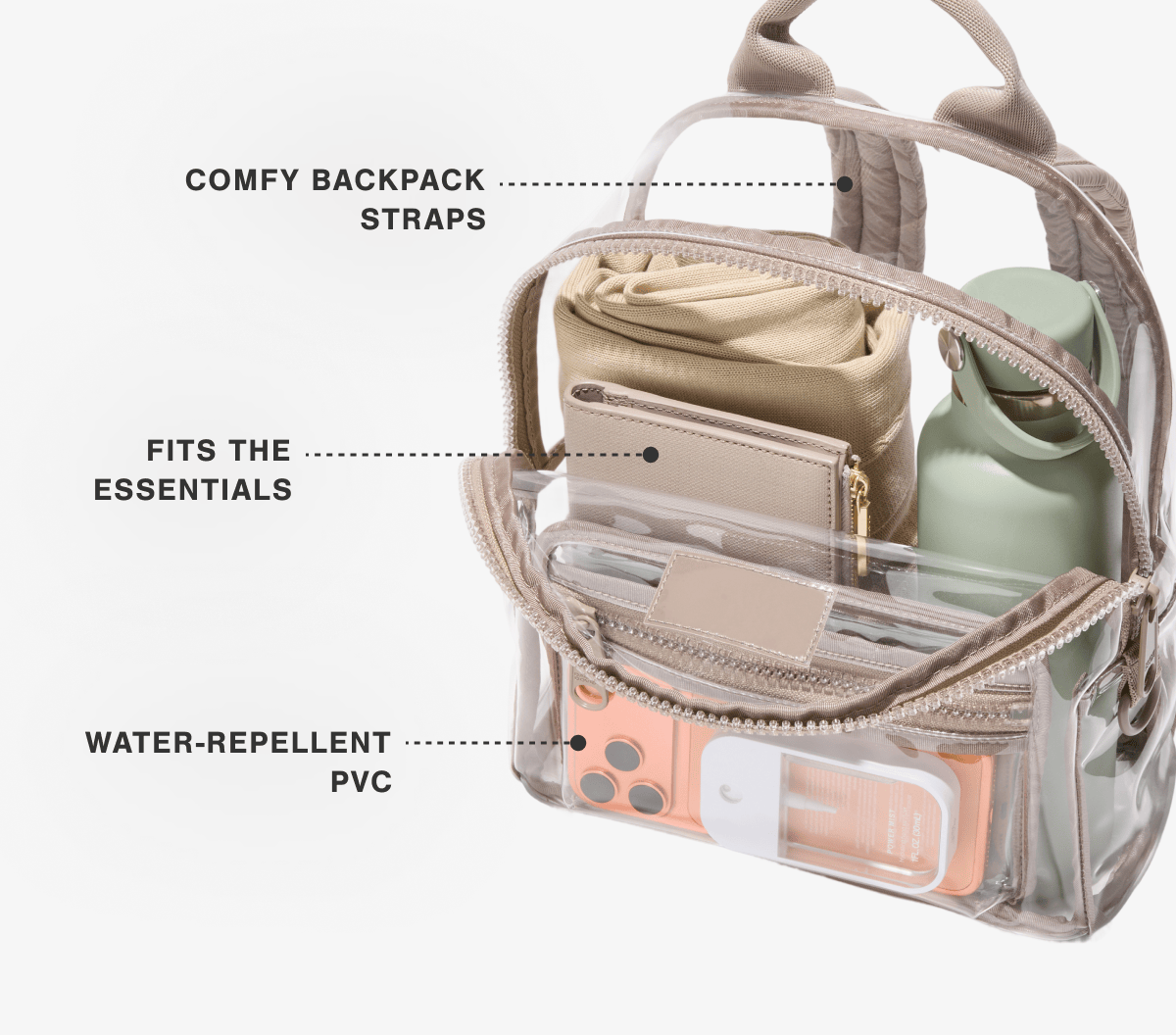Comfy backpack straps. Fits the essentials. Water-repellent PVC.