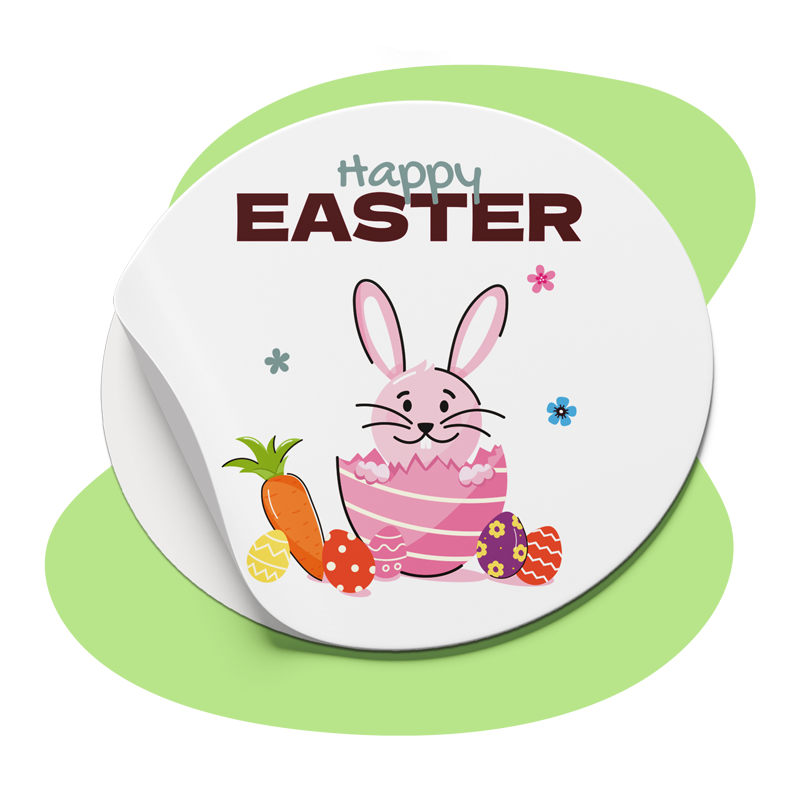 Cartoon sticker of a pink bunny in a striped egg with the text "Happy Easter," a carrot, and colorful eggs.