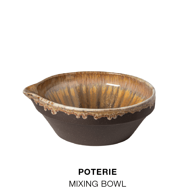 Block with the title Shop the Look and a grid of six Poterie products with photos and names: mixing bowl, serving bowl, pitcher, footed plate, cruet and spoon rest