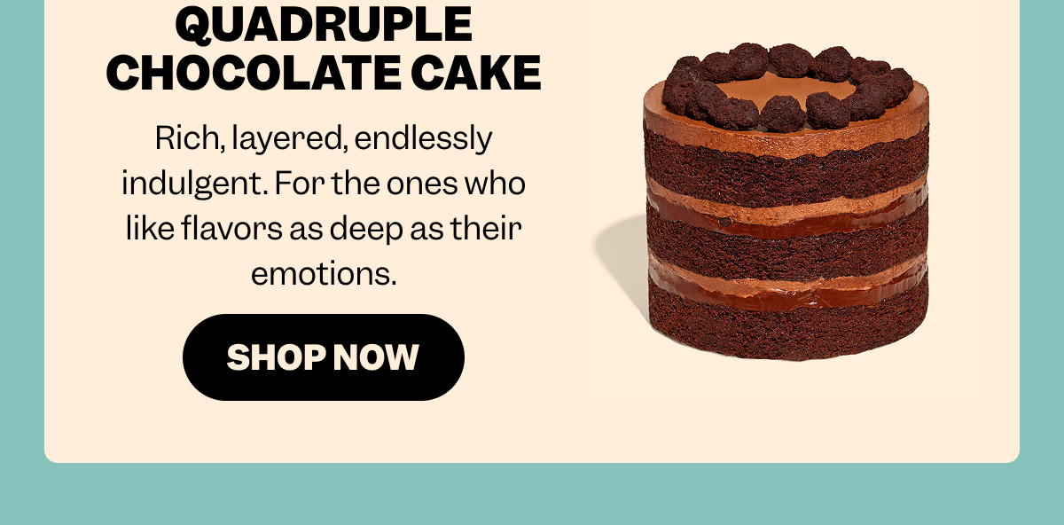 Text reads, “QUADRUPLE CHOCOLATE CAKE. Rich, layered, endlessly indulgent. For the ones who like flavors as deep as their emotions.” A “SHOP NOW” button appears below. To the right is a tall, layered chocolate cake with chocolate frosting and a ring of chocolate crumbs on top.