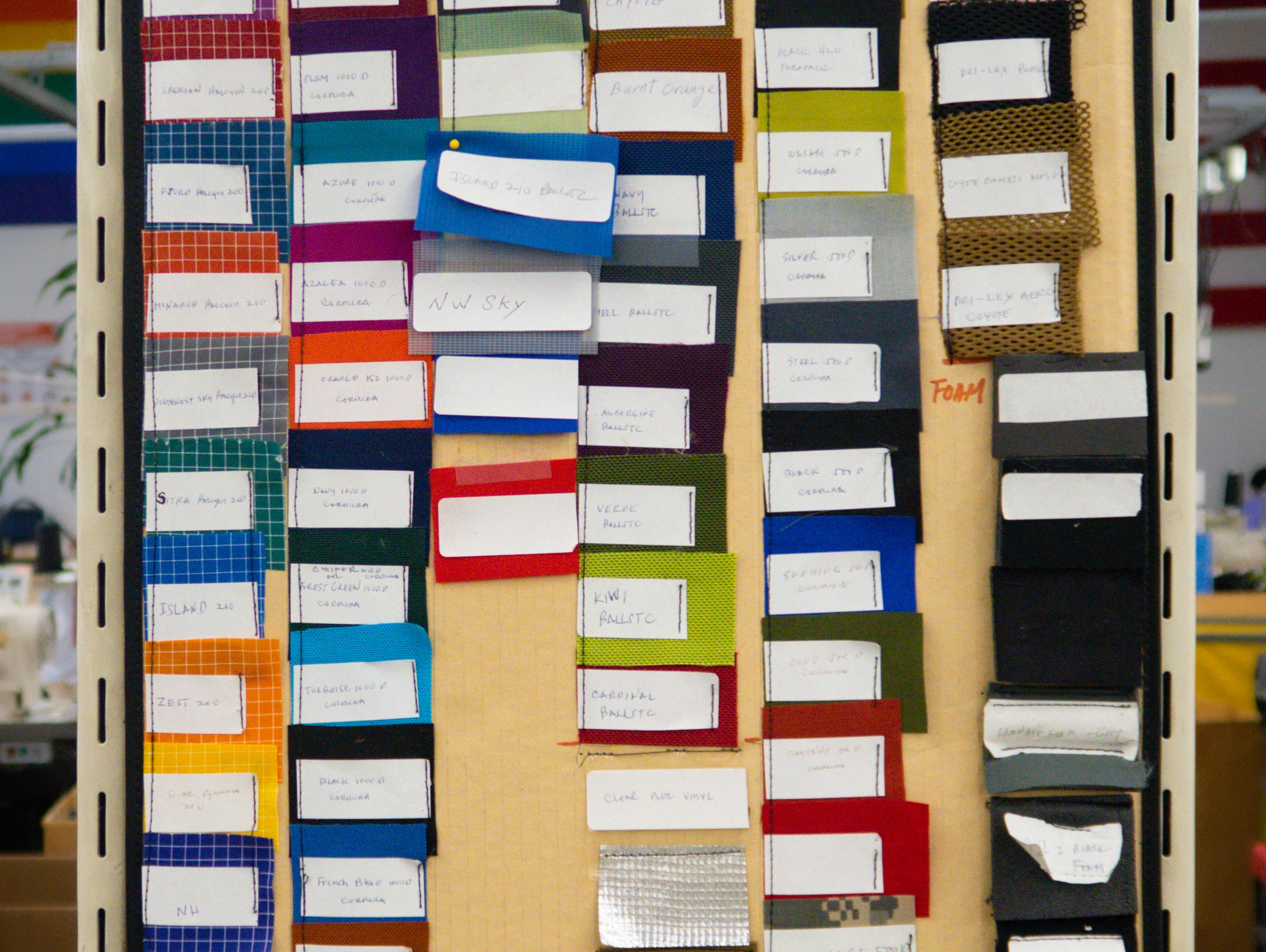 Swatch of colors at the factory