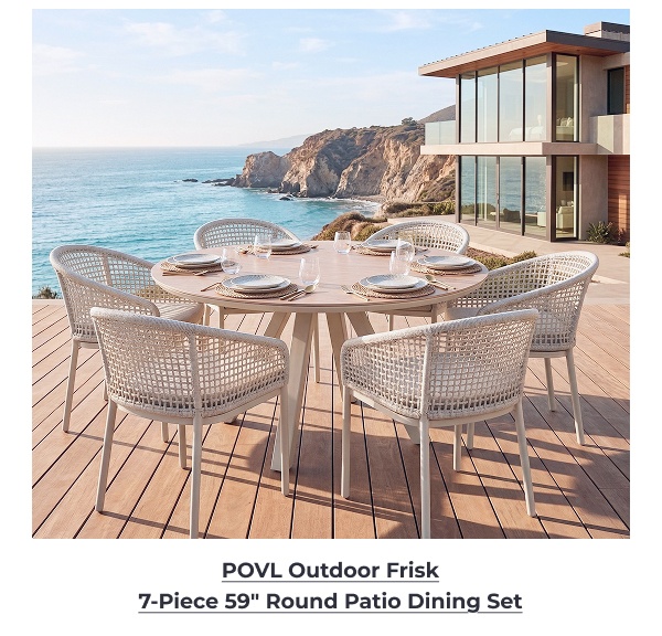 Round patio dining set overlooking ocean. Image Text: POVL Outdoor Frisk 7-Piece 59in Round Patio Dining Set