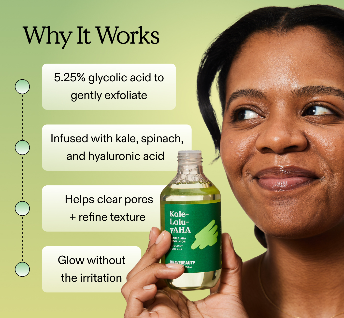 Why It Works – 5.25% glycolic acid to gently exfoliate – Infused with kale, spinach, and hyaluronic acid  – Helps clear pores + refine texture  – Glow without the irritation