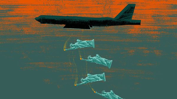 An illustration of plane dropping Statues of Liberty like bombs.