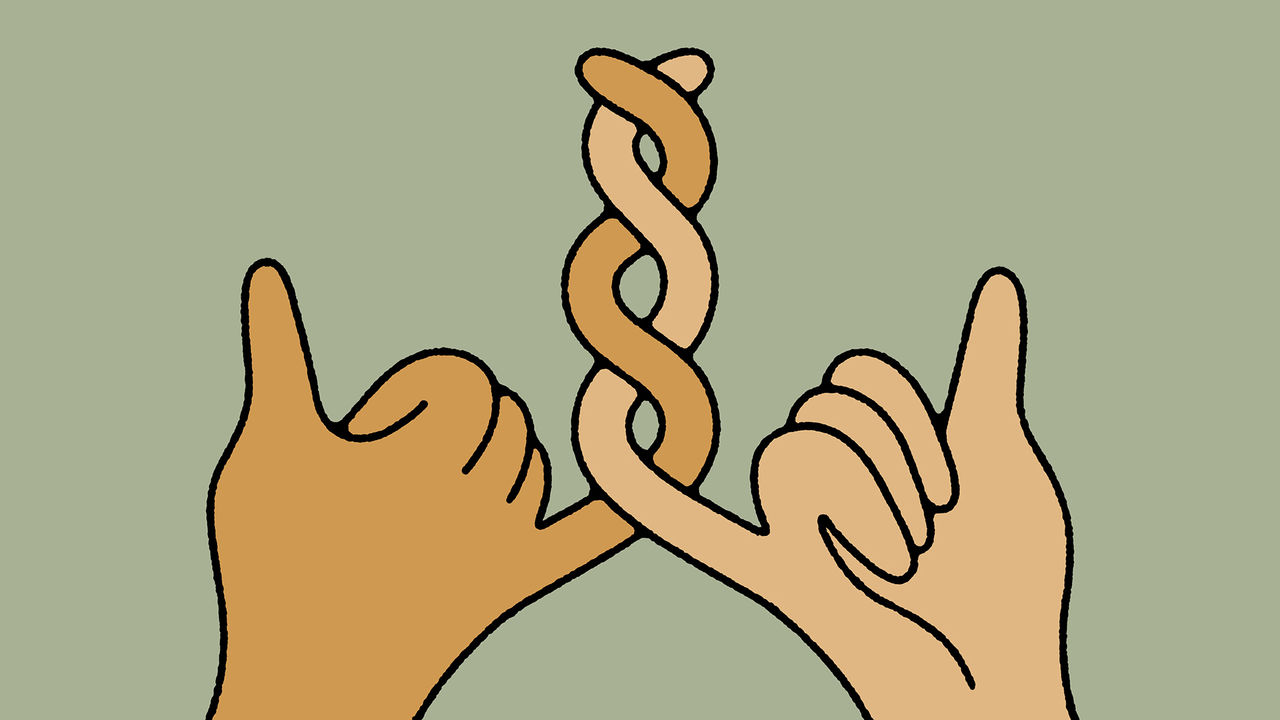 Two hands with pinkies interlocked are shown, with their fingers twisted together in a spiral against a light green background
