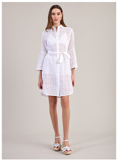 White Geometric Eyelet Lace Above the Knee Dress With Bell Sleeves