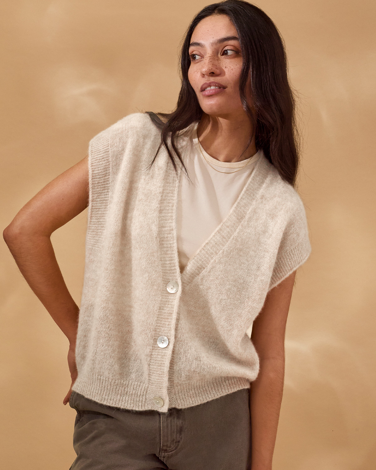 Alpaca Blend Button Through Grown On Sleeve Top