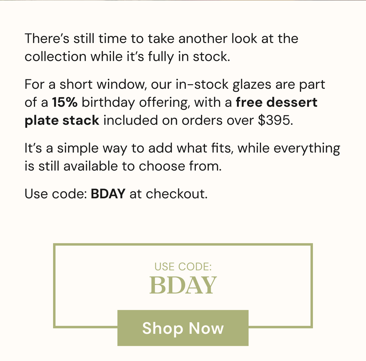 Text about a birthday offering with a discount and free dessert plate stack.