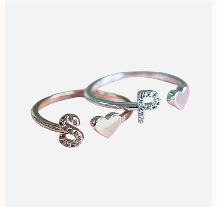Crystal Initial And Heart Adjustable Ring