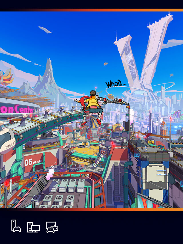 Image from Hi-Fi RUSH featuring city backdrop.  Icons for console, PC, and cloud.