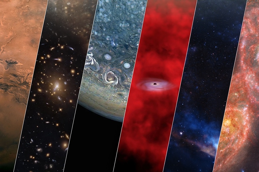 Collage of zoomed-in planets and galaxies.