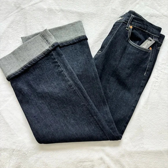 Dark Blue Cuffed Wide Leg Jeans