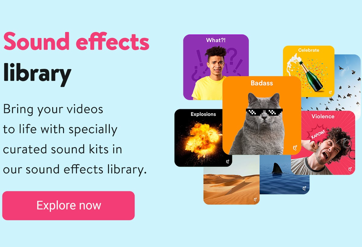 An image of different sound effects found on Uppbeat, with text that says 'Sound effects library. Bring your videos to life with specially curated sound kits in our sound effects library. Explore now'