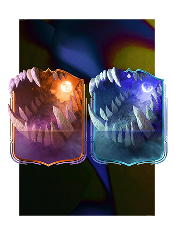 Art for EA Sports FC 26 featuring one red card and one blue, both with a rocky, mouth-like landscape inside.