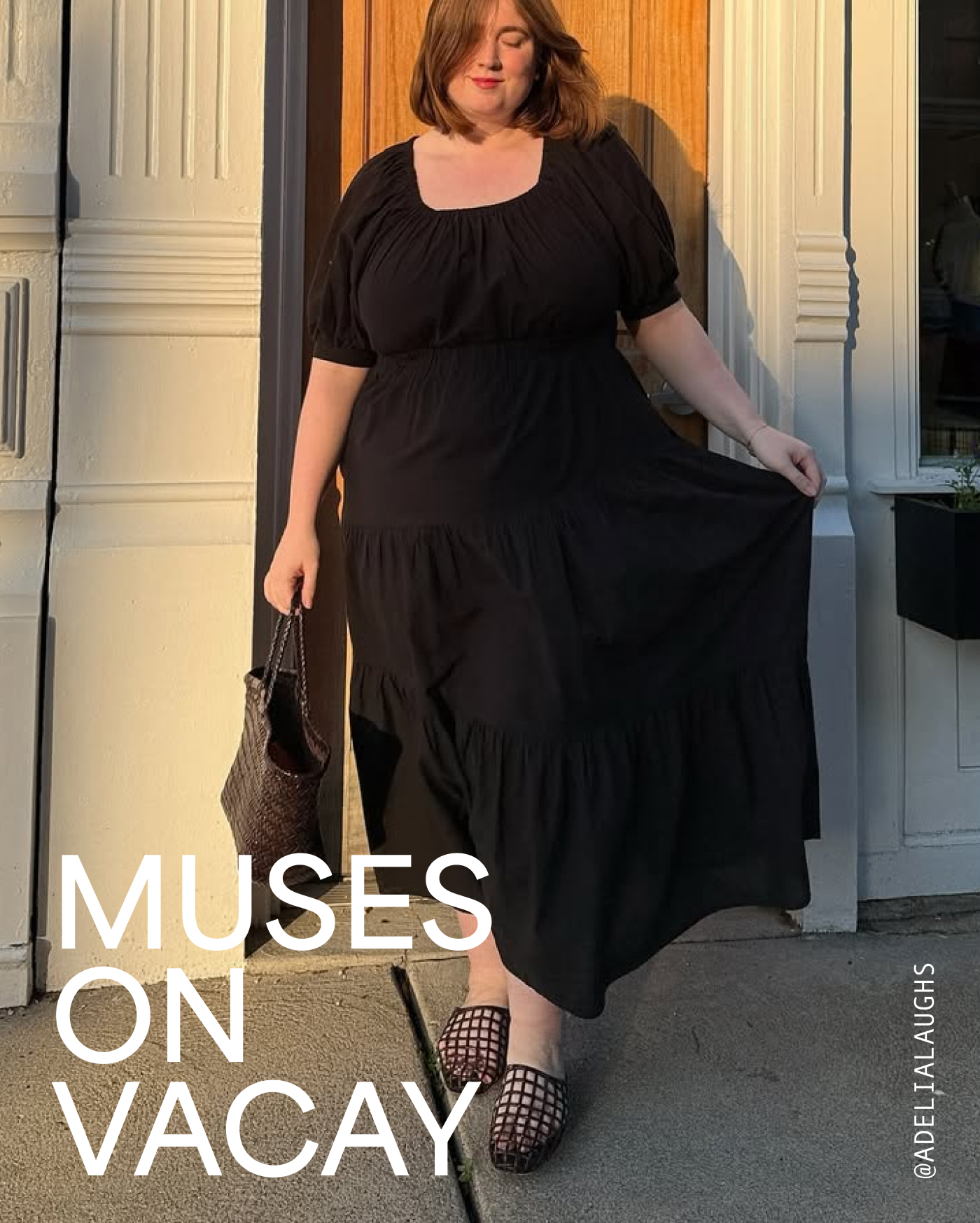 @ADELIALAUGHS models The Bleecker Dress outside a shop entrance, with the text “MUSES ON VACAY” 