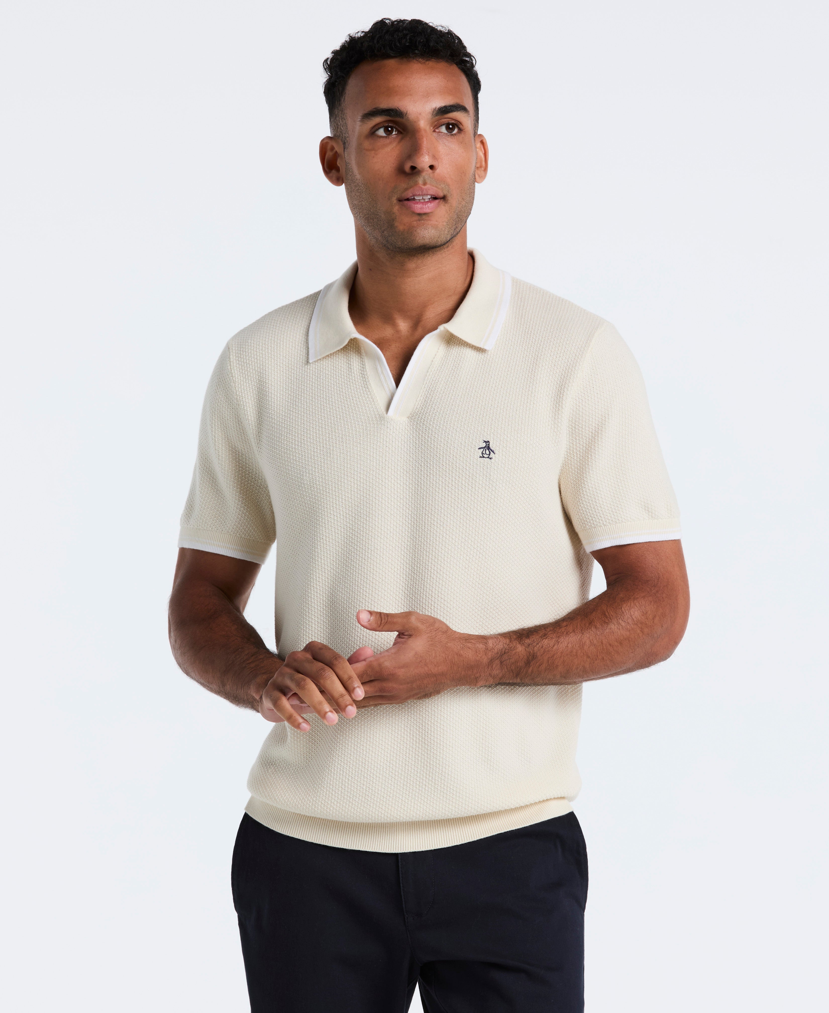 Image of Textured Johnny Collar Sweater Polo