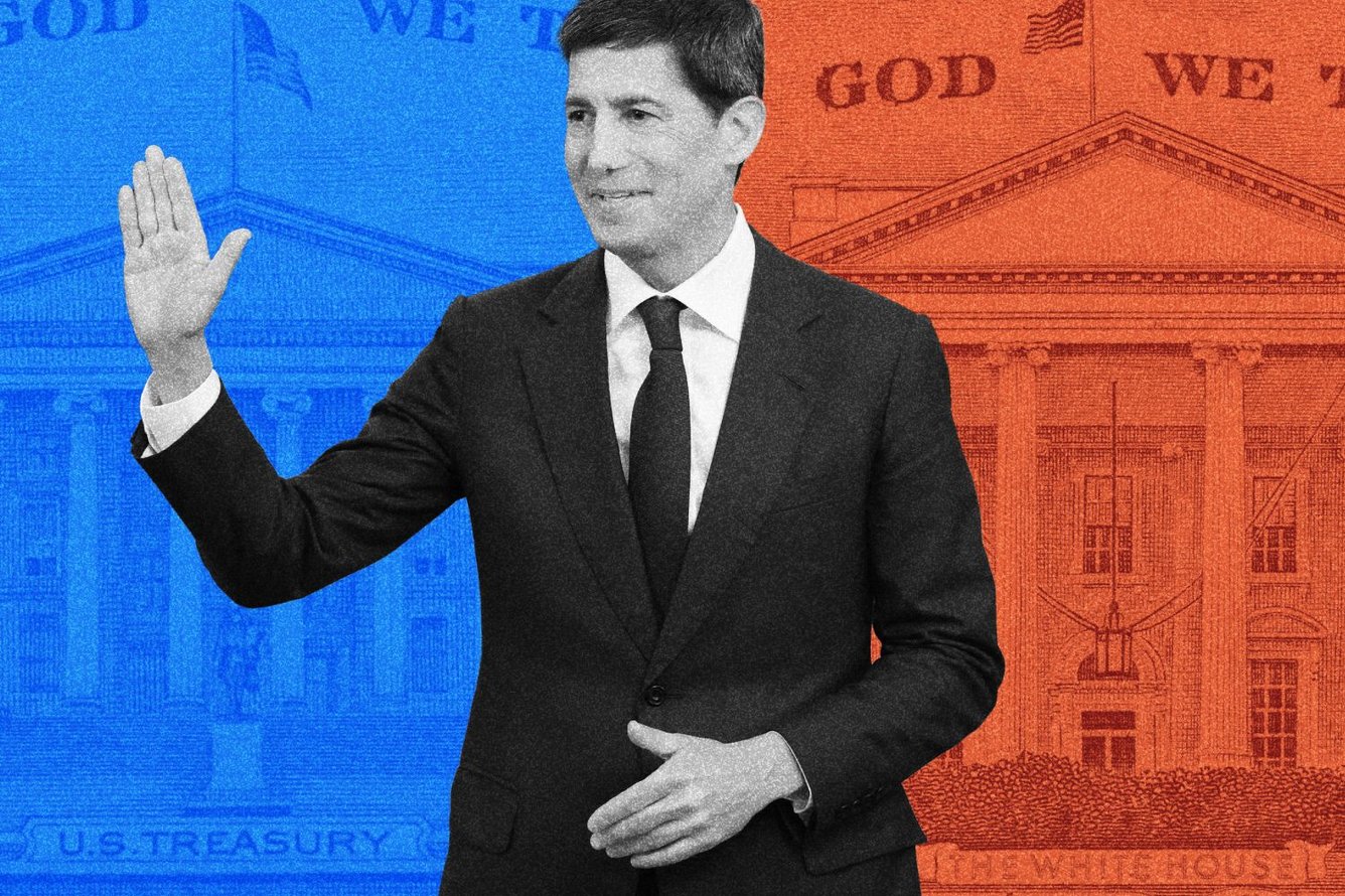 Photo collage showing Kevin Warsh in the middle with his hand raised as if taking an oath, and on either side of him in the background is the U.S. Treasury building and the White House as seen on the backs of US money.